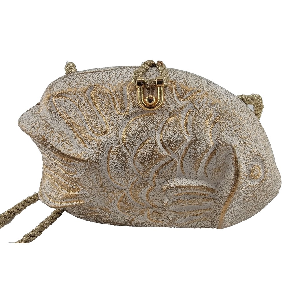 Timmy Woods Beverly Hills Rare Hand Carved Fish Gold Ocean Themed Wood Crossbody